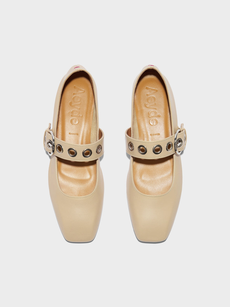 Aeyde | Uma Leather Flats for Women | Sand Nappa | Square Toe | Flat Heel | Front View