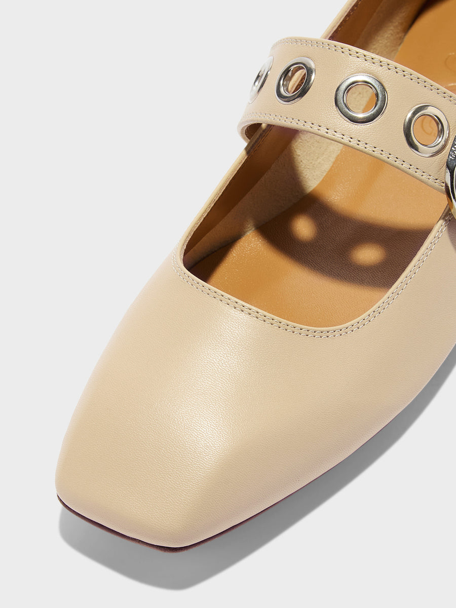Aeyde | Uma Leather Flats for Women | Sand Nappa | Square Toe | Flat Heel | Heel Details