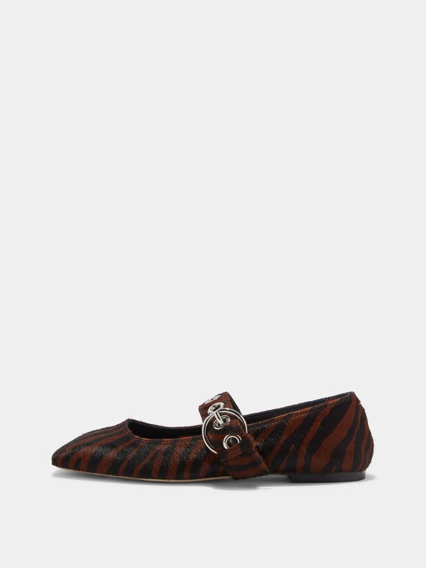 Aeyde | Uma Leather Flats for Women | Moka Ponyhair | Square Toe | Flat Heel | Side View [x=50,y=85]
