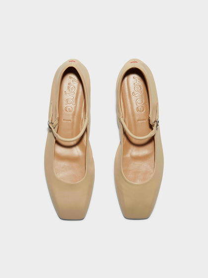 Aeyde | Uma Leather Mary-Jane Flats Leather Flats for Women | Latte Nappa | Square Toe | Flat Heel | Front View