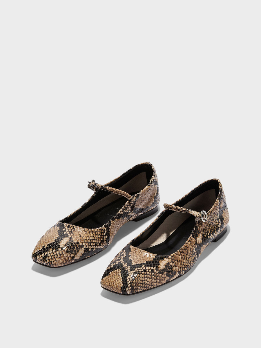 Aeyde | Uma Leather Flats for Women | Hazelnut Snake | Square Toe | Flat Heel | Luxury Materials | Handmade in Italy