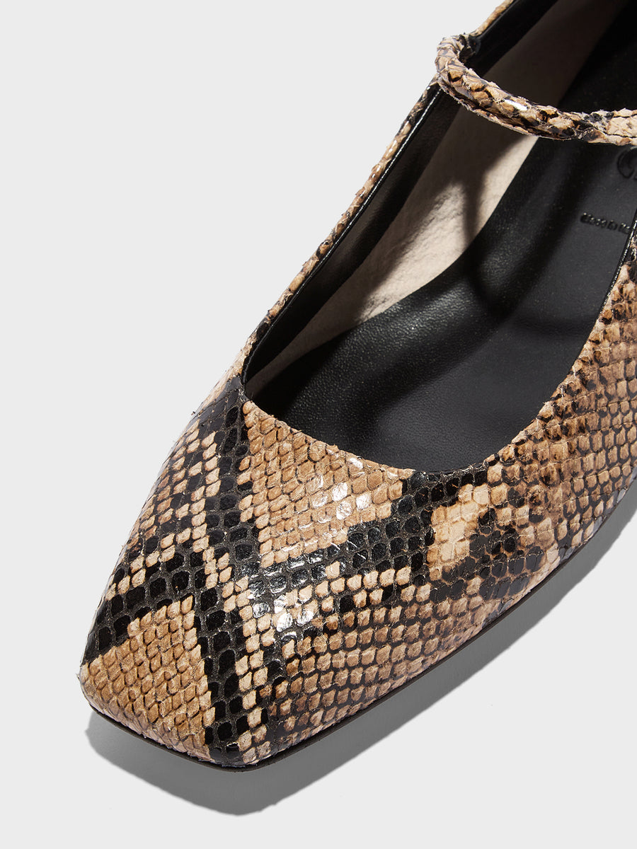 Aeyde | Uma Leather Flats for Women | Hazelnut Snake | Square Toe | Flat Heel | Heel Details