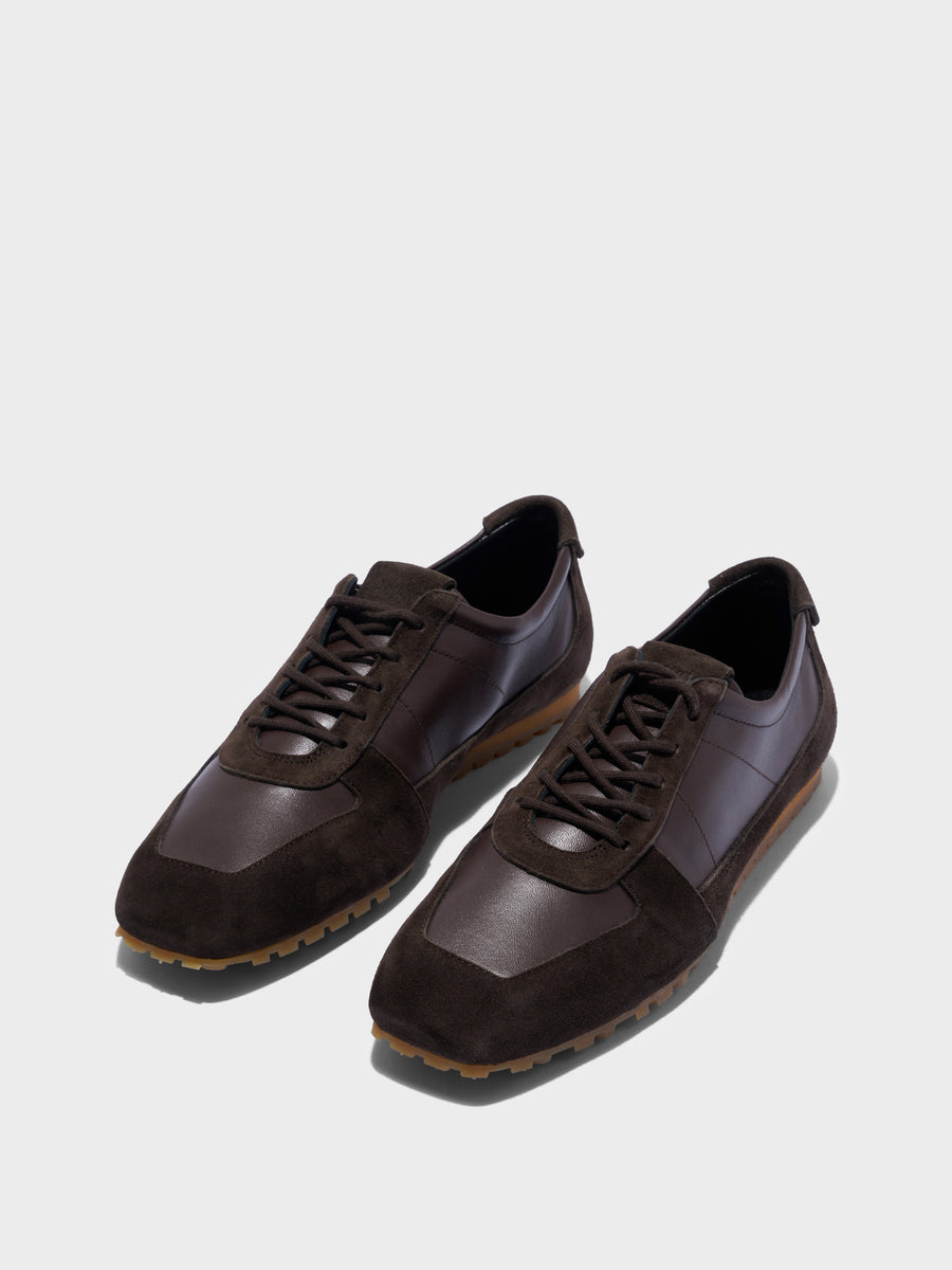 Aeyde | Uma Slim Sneakers Leather Flats for Women | Moka Nappa/Suede | Square Toe | Flat Heel | Luxury Materials | Handmade in Italy