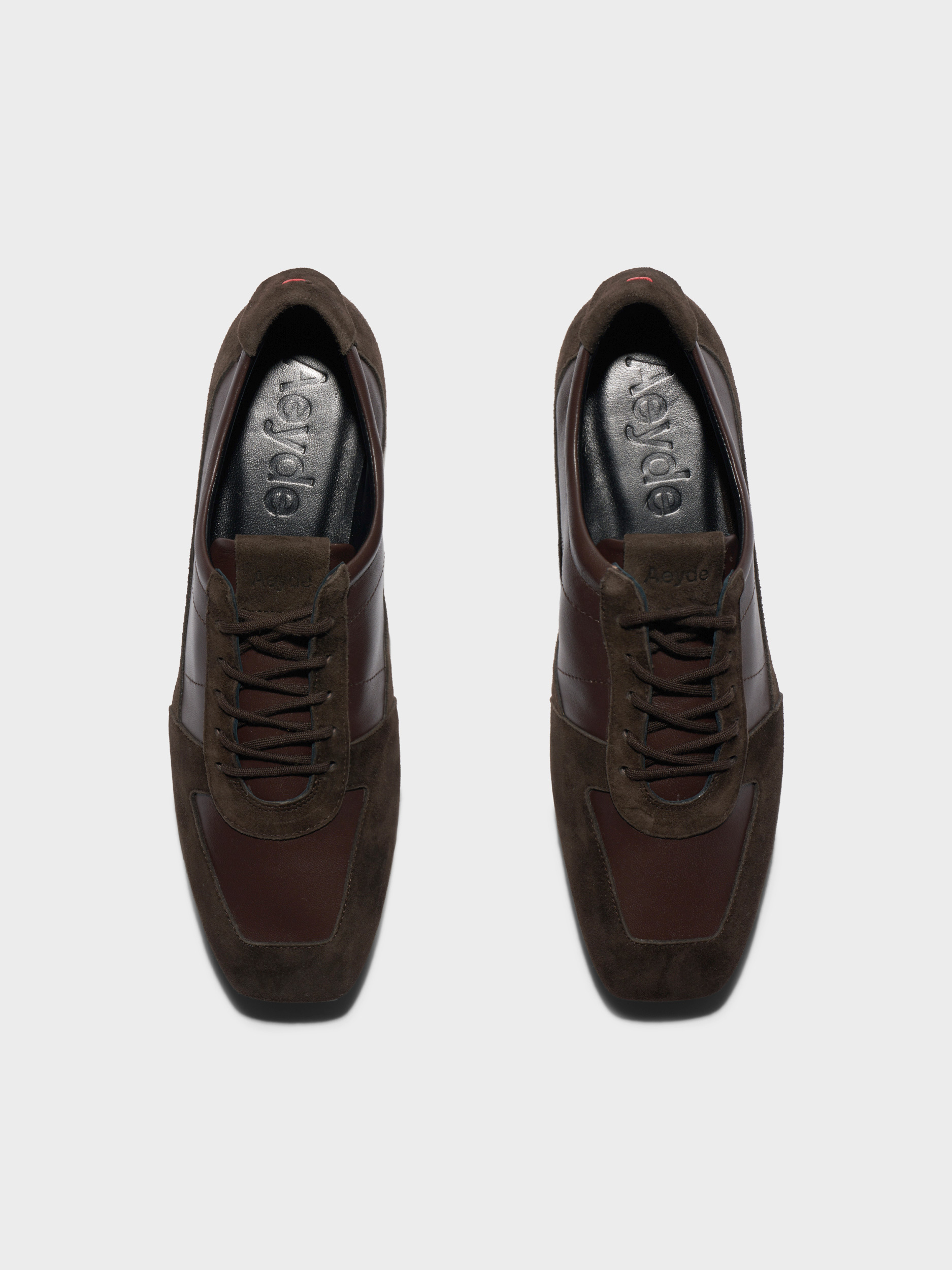 Aeyde | Uma Slim Sneakers Leather Flats for Women | Moka Nappa/Suede | Square Toe | Flat Heel | Front View