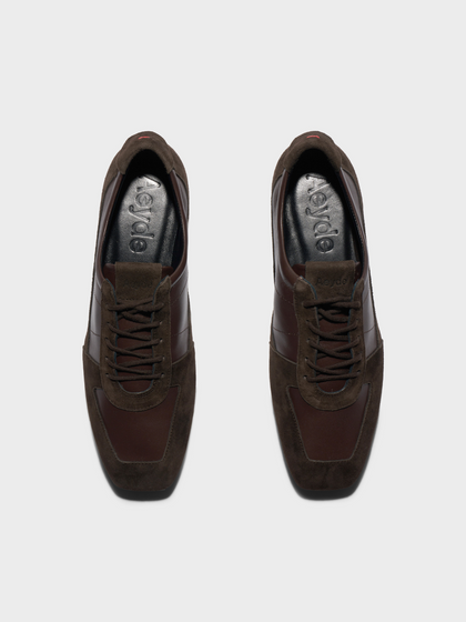 Aeyde | Uma Slim Sneakers Leather Flats for Women | Moka Nappa/Suede | Square Toe | Flat Heel | Front View