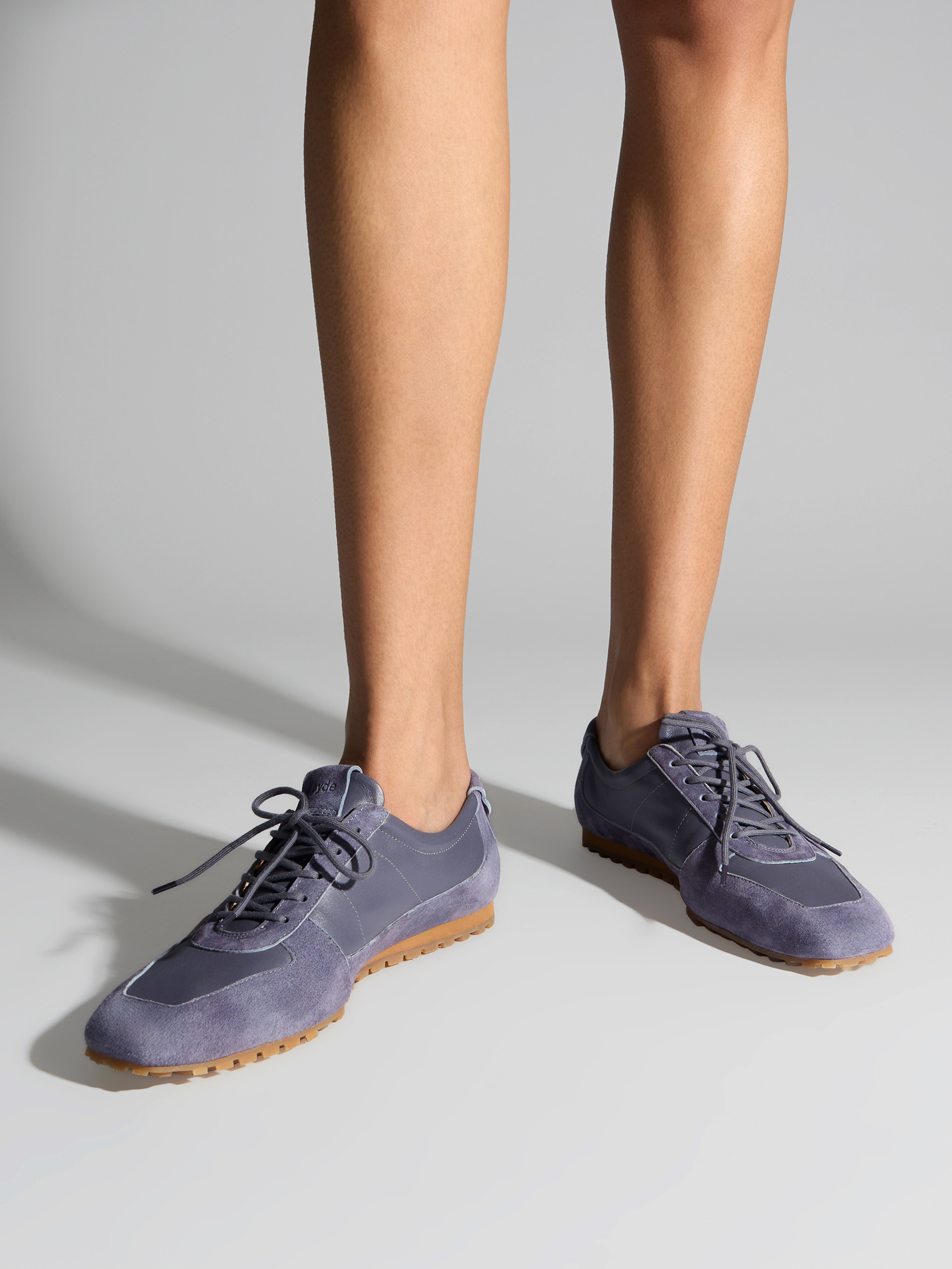 Aeyde | Uma Slim Sneakers Leather Flats for Women | Dusty Purple Nappa/Suede | Square Toe | Flat Heel | On Feet