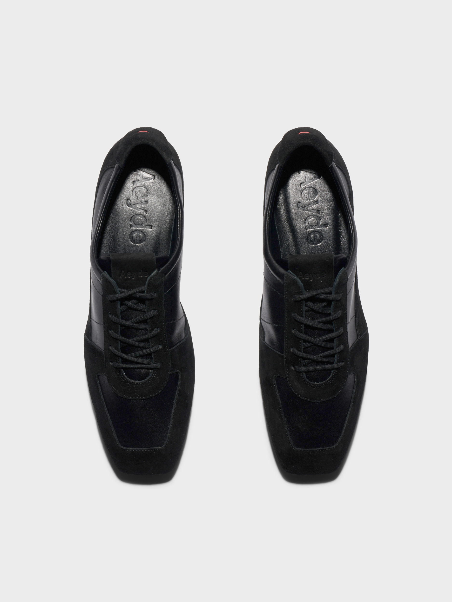 Aeyde | Uma Slim Sneakers Leather Flats for Women | Black Nappa/Suede | Square Toe | Flat Heel | Front View