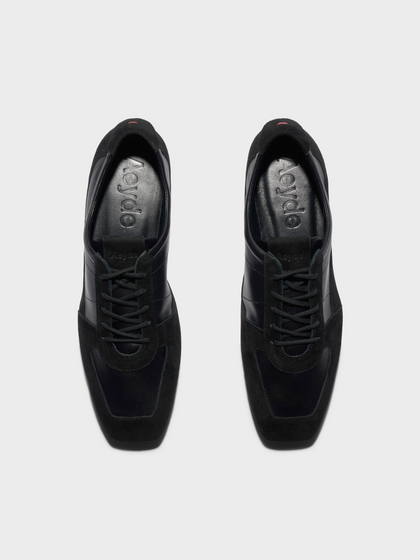 Aeyde | Uma Slim Sneakers Leather Flats for Women | Black Nappa/Suede | Square Toe | Flat Heel | Front View