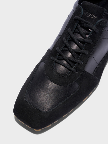 Aeyde | Uma Slim Sneakers Leather Flats for Women | Black Nappa/Suede | Square Toe | Flat Heel | Heel Details