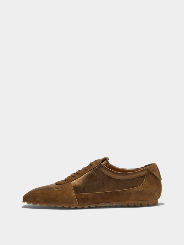 Aeyde | Uma Sneaker Leather Flats for Women | Tobacco Satin/Suede | Square Toe | Flat Heel | Side View