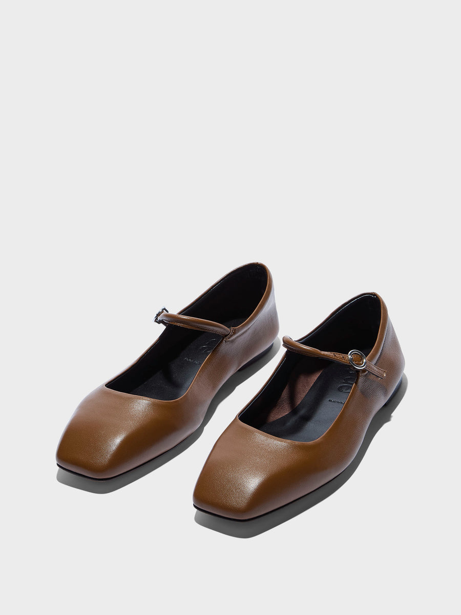 Aeyde | Uma Leather Flats for Women | Tobacco Nappa | Square Toe | Flat Heel | Luxury Materials | Handmade in Italy