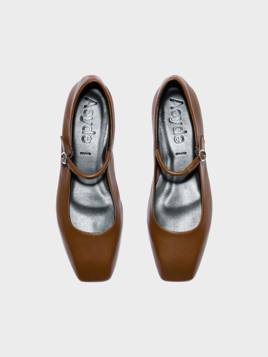 Aeyde | Uma Leather Flats for Women | Tobacco Nappa | Square Toe | Flat Heel | Front View