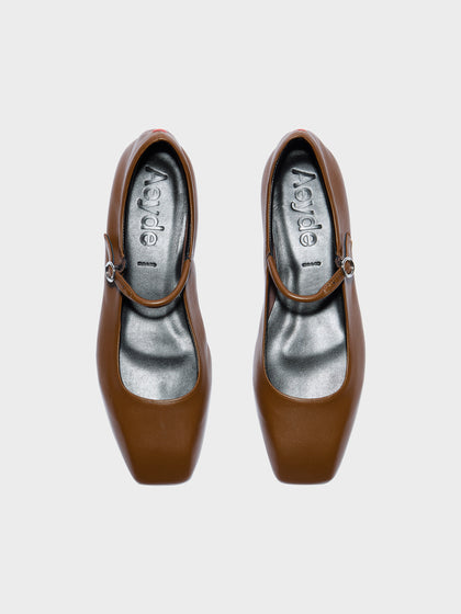 Aeyde | Uma Leather Flats for Women | Tobacco Nappa | Square Toe | Flat Heel | Front View