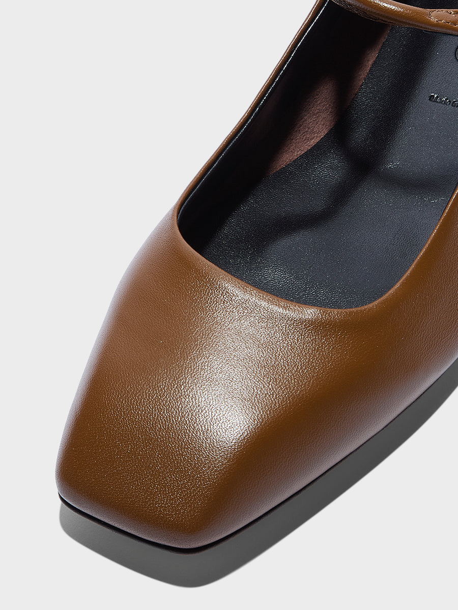 Aeyde | Uma Leather Flats for Women | Tobacco Nappa | Square Toe | Flat Heel | Heel Details
