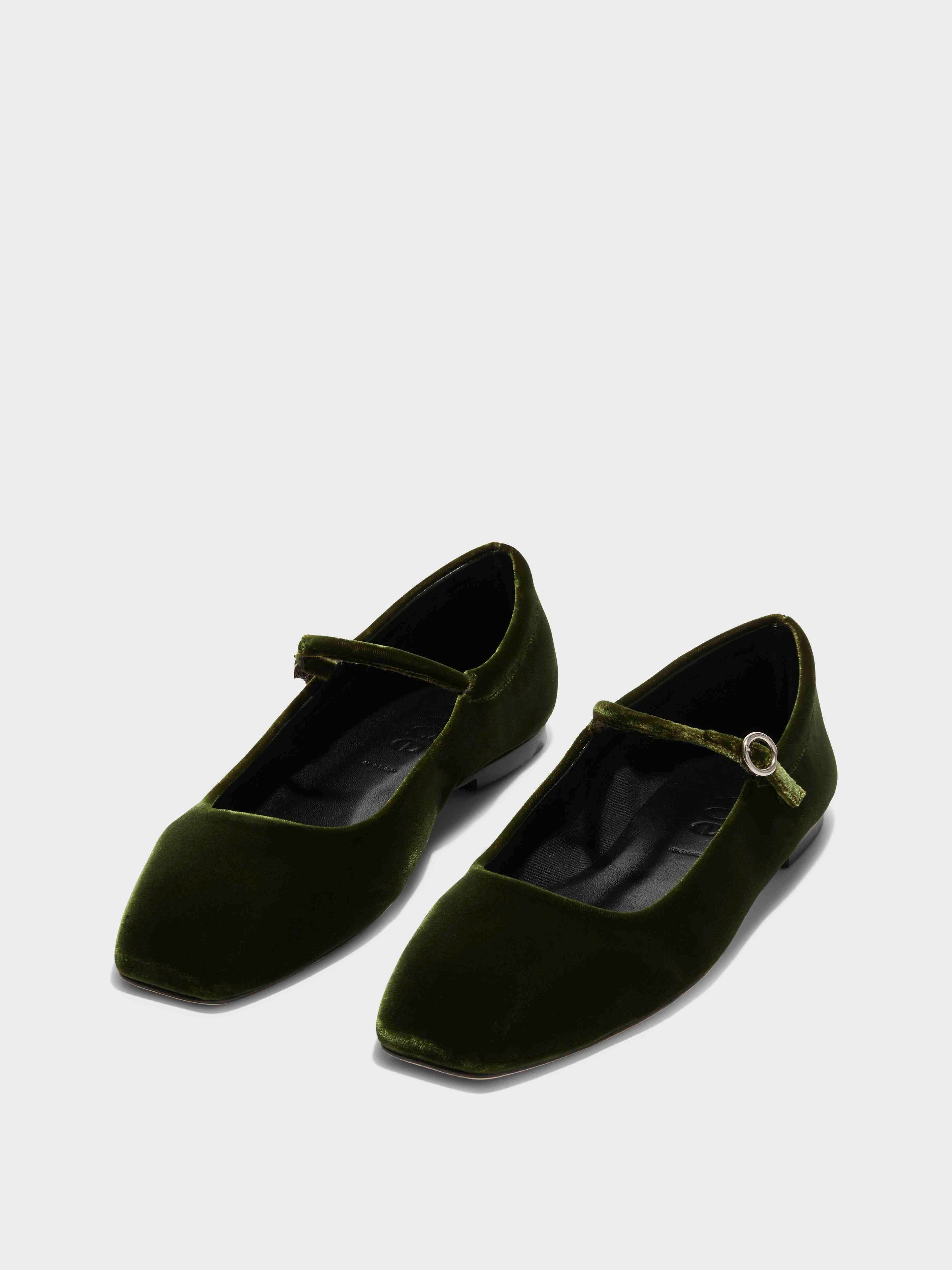 Aeyde | Uma Velvet Mary-Jane Flats Leather Flats for Women | Moss Velvet | Square Toe | Flat Heel | On Feet