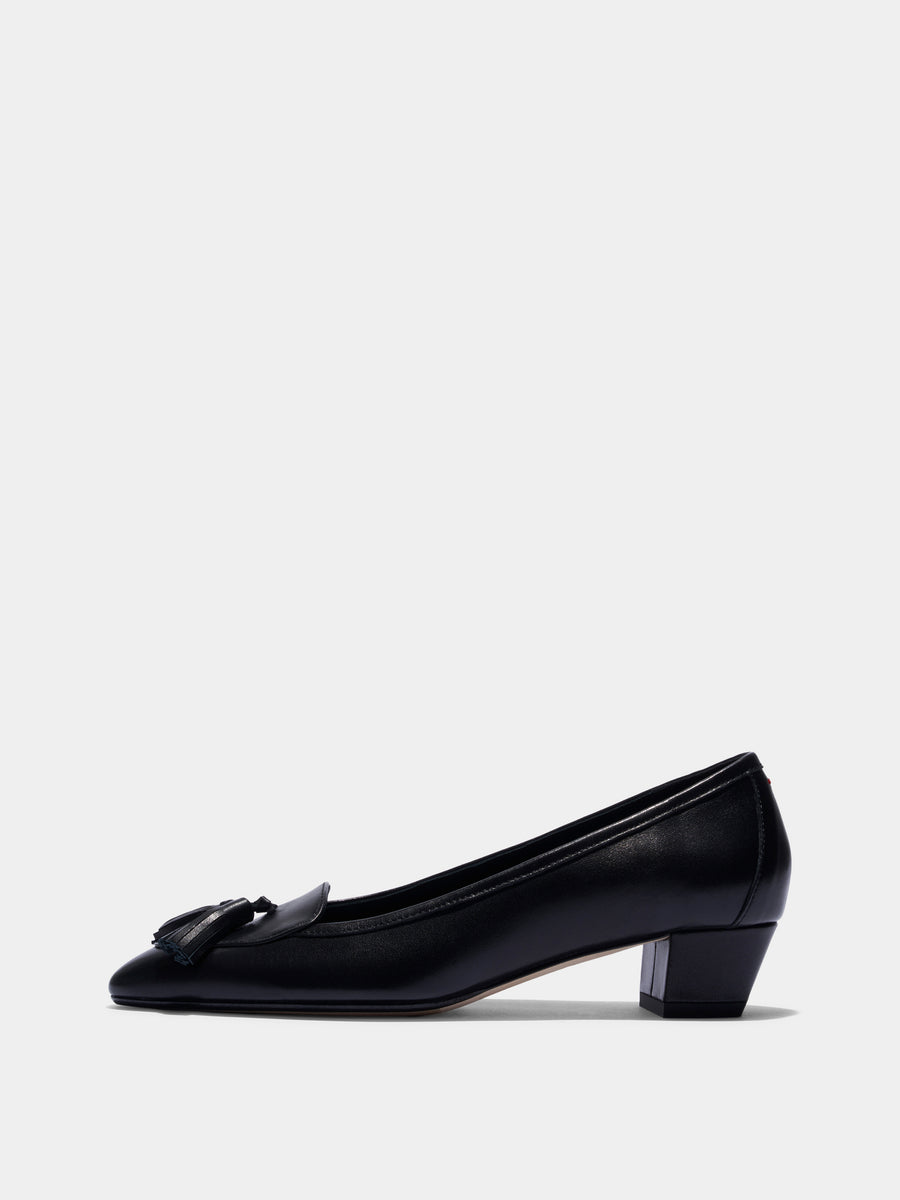 Aeyde | Valentine Tassel Pumps Leather Pumps for Women | Black Nappa | Round Toe | Low Heel | Side View