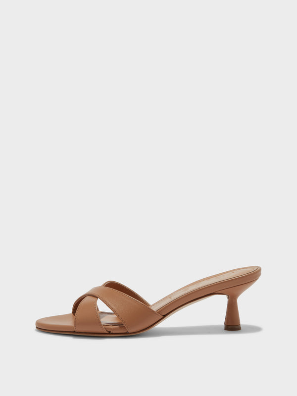 Aeyde | Vero Leather Heeled Sandals for Women | Hazelnut Nappa | Round Toe | Mid Heel | Side View [x=50,y=85]