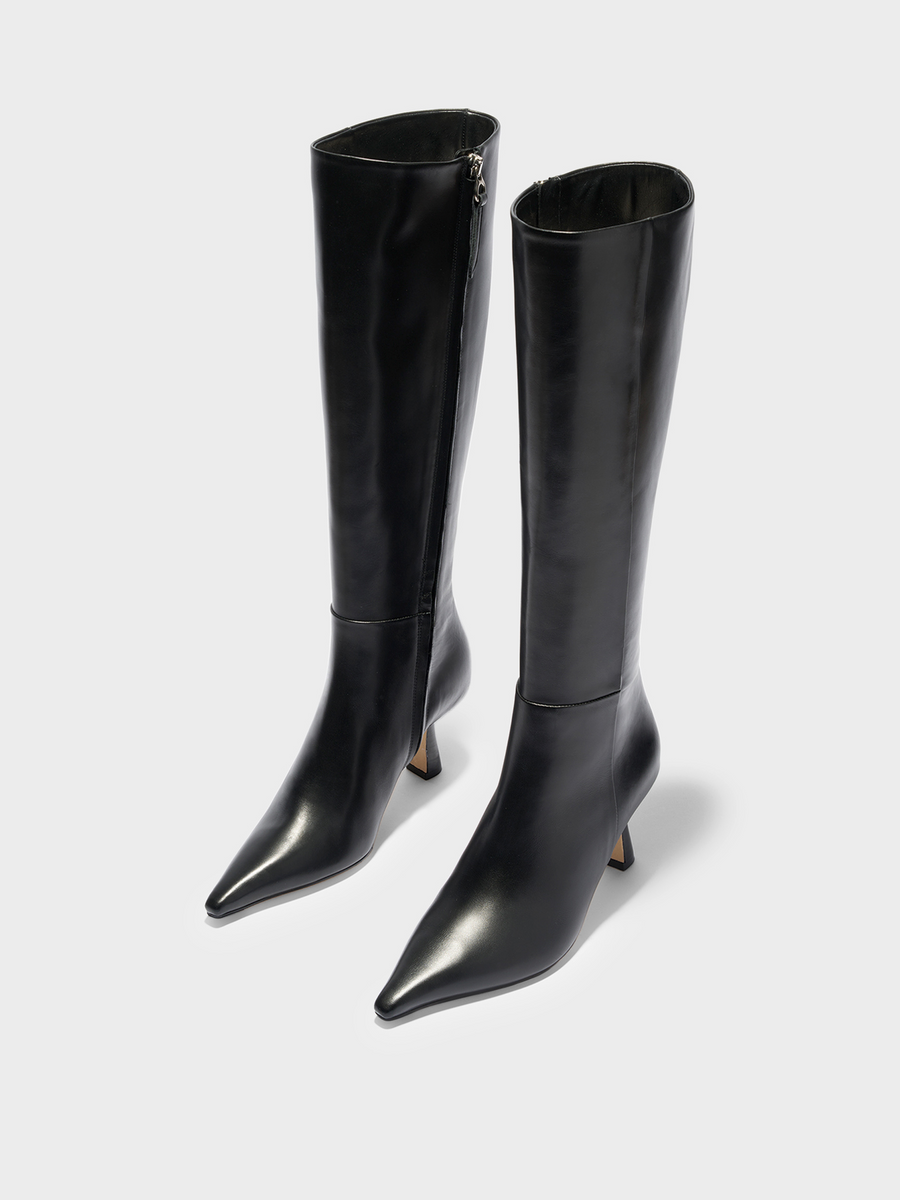 Aeyde | Vina Knee-High Boots Leather Knee High Boots for Women | Black Calf | Pointed Toe | High Heel | Luxury Materials | Handmade in Italy