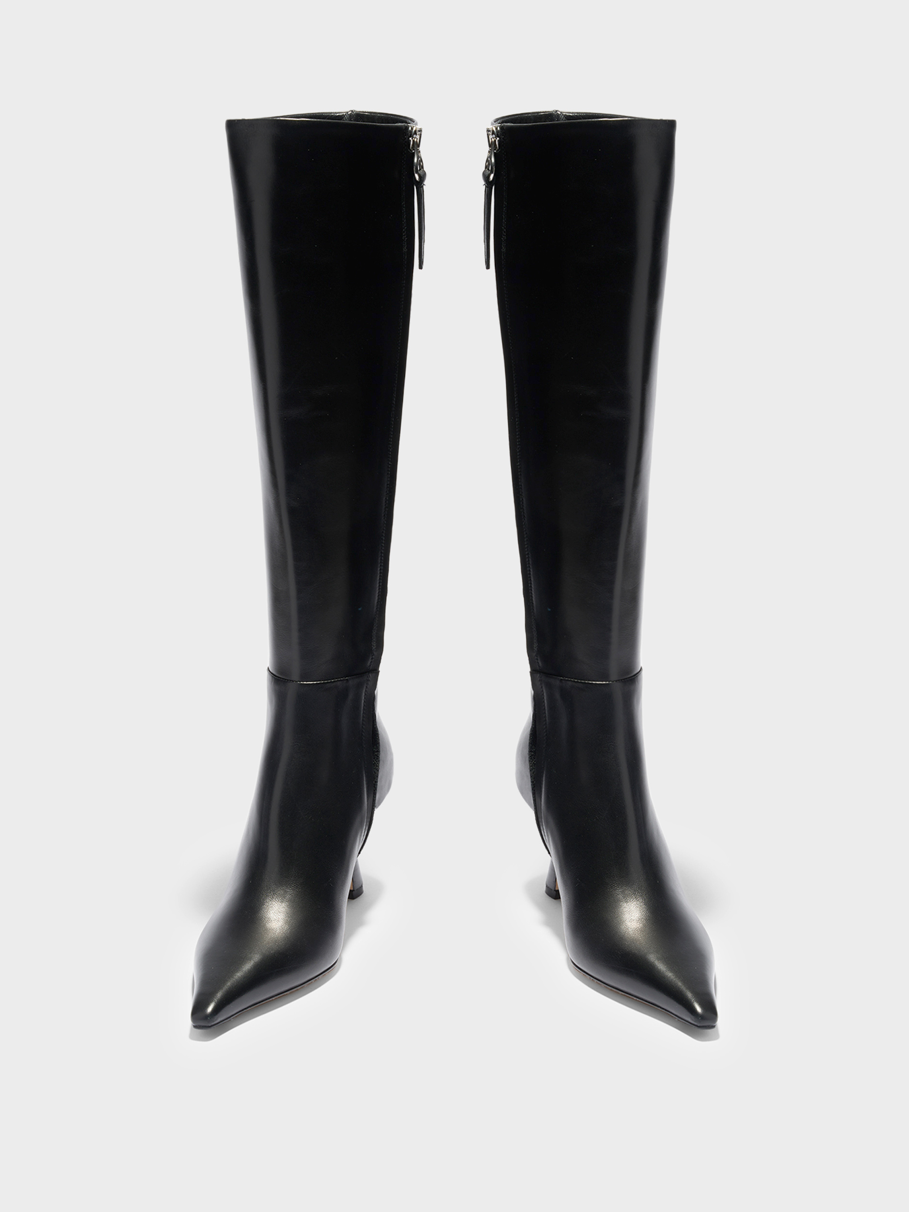 Aeyde | Vina Knee-High Boots Leather Knee High Boots for Women | Black Calf | Pointed Toe | High Heel | Front View