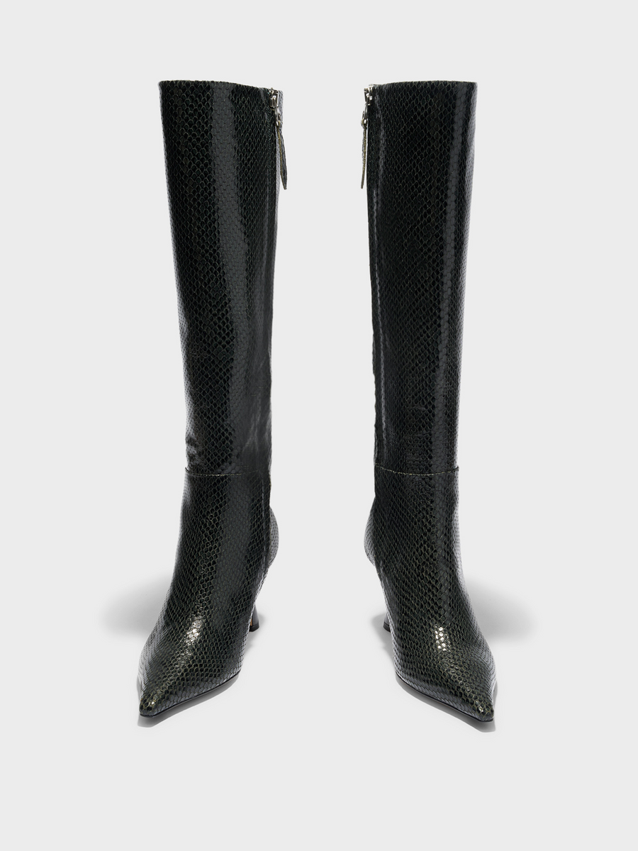 Aeyde | Vina Knee-High Boots Leather Knee High Boots for Women | Moss Mini Snake | Pointed Toe | High Heel | Front View