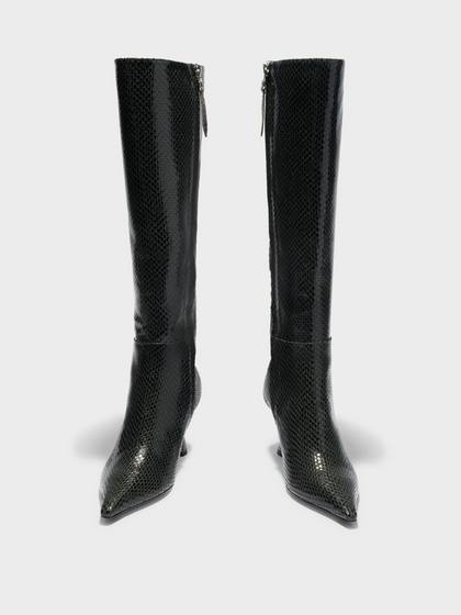 Aeyde | Vina Knee-High Boots Leather Knee High Boots for Women | Moss Mini Snake | Pointed Toe | High Heel | Front View