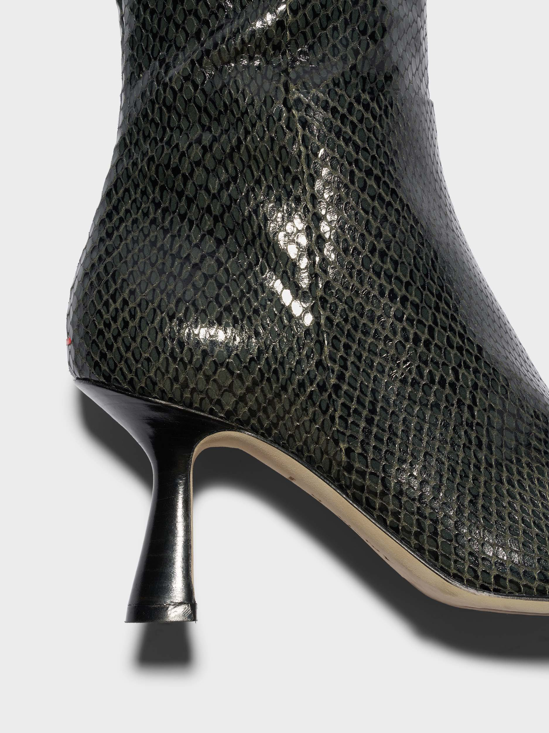Aeyde | Vina Knee-High Boots Leather Knee High Boots for Women | Moss Mini Snake | Pointed Toe | High Heel | Heel Details