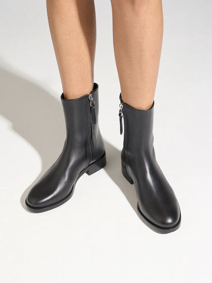 Aeyde | Vincent Leather Ankle Boots for Women | Black Calf | Round Toe | Low Heel | On Feet