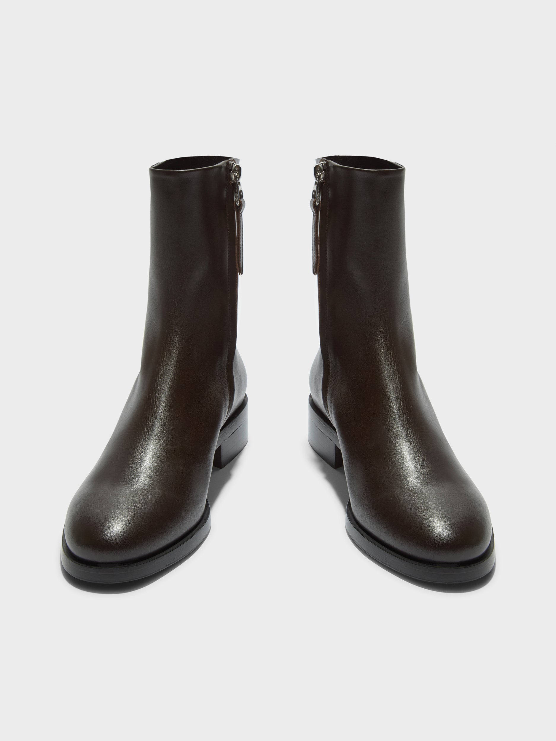 Aeyde | Vincent Leather Ankle Boots for Women | Moka Calf | Round Toe | Low Heel | Front View