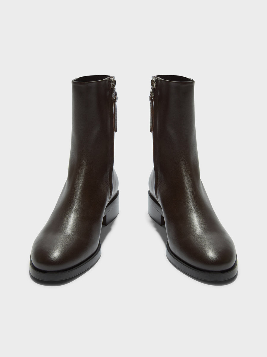 Aeyde | Vincent Leather Ankle Boots for Women | Moka Calf | Round Toe | Low Heel | Front View