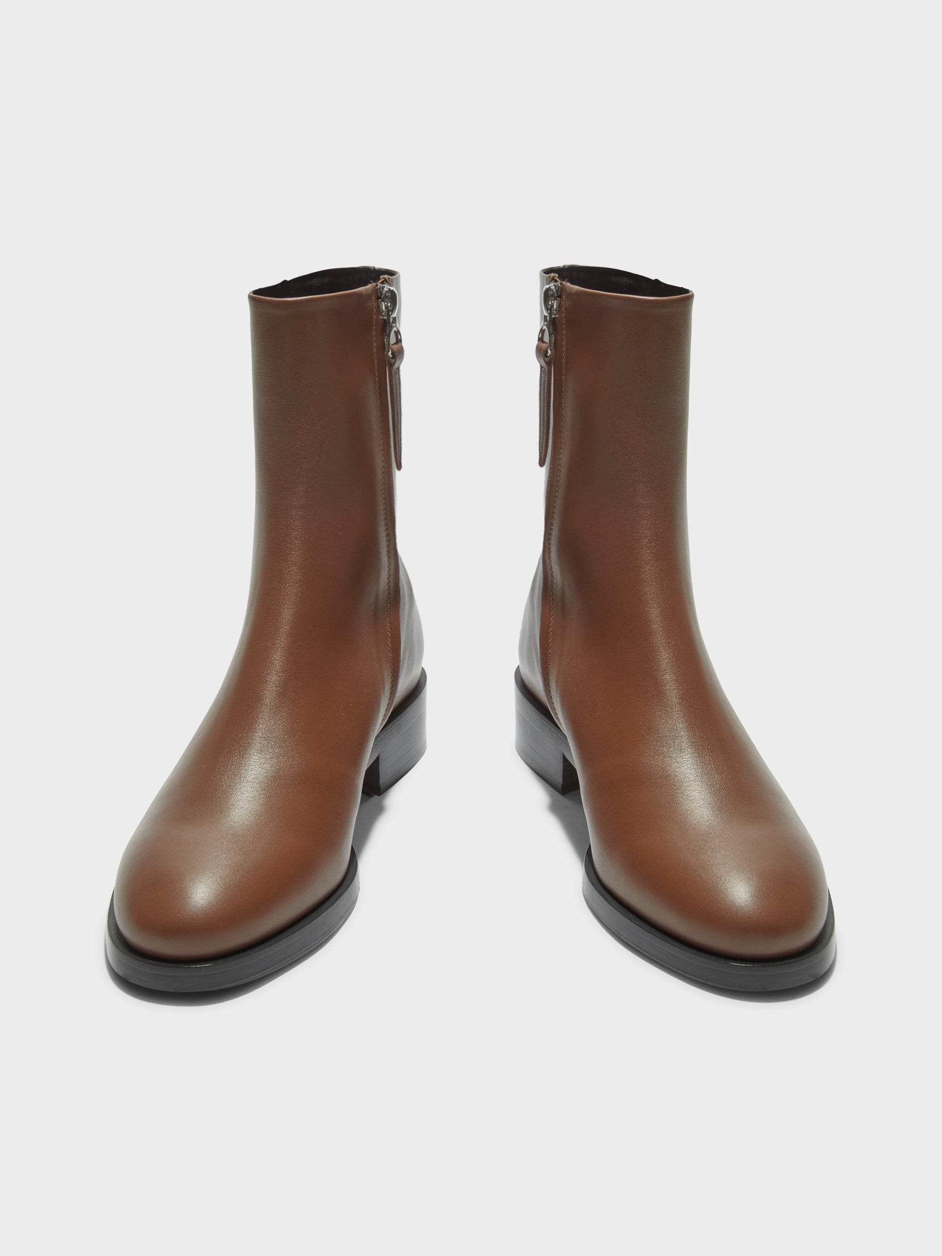 Aeyde | Vincent Leather Ankle Boots for Women | Tobacco Calf | Round Toe | Low Heel | Front View