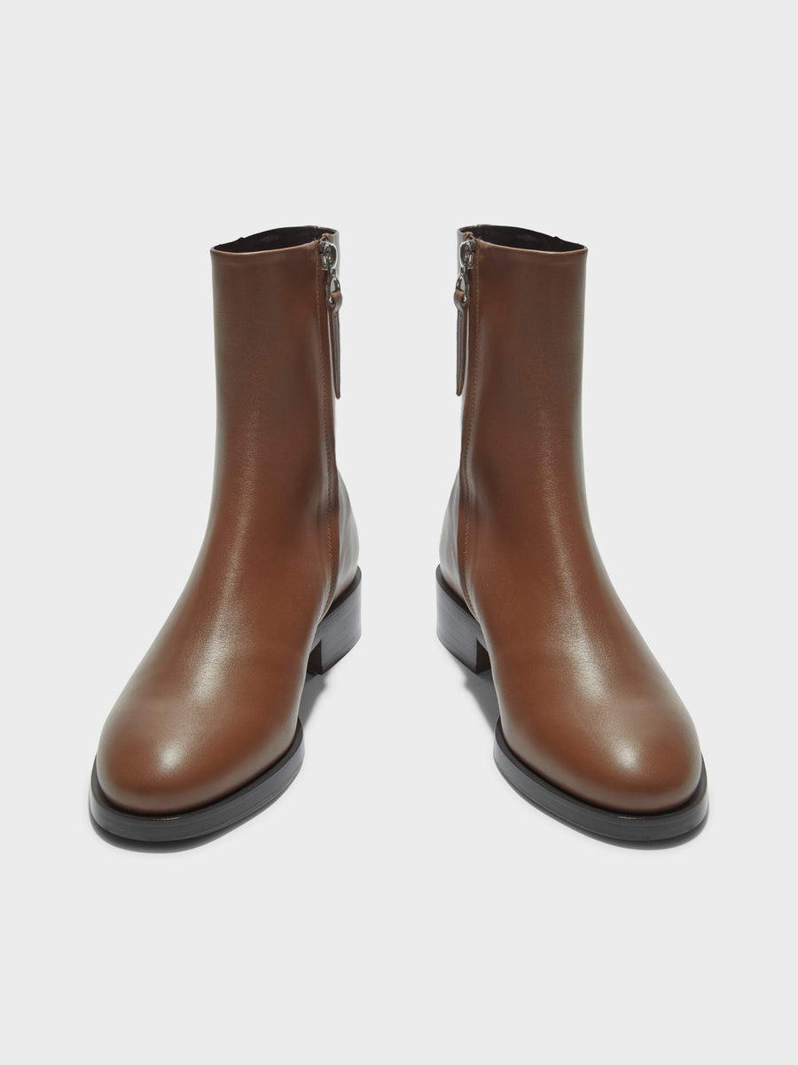 Aeyde | Vincent Leather Ankle Boots for Women | Tobacco Calf | Round Toe | Low Heel | Front View