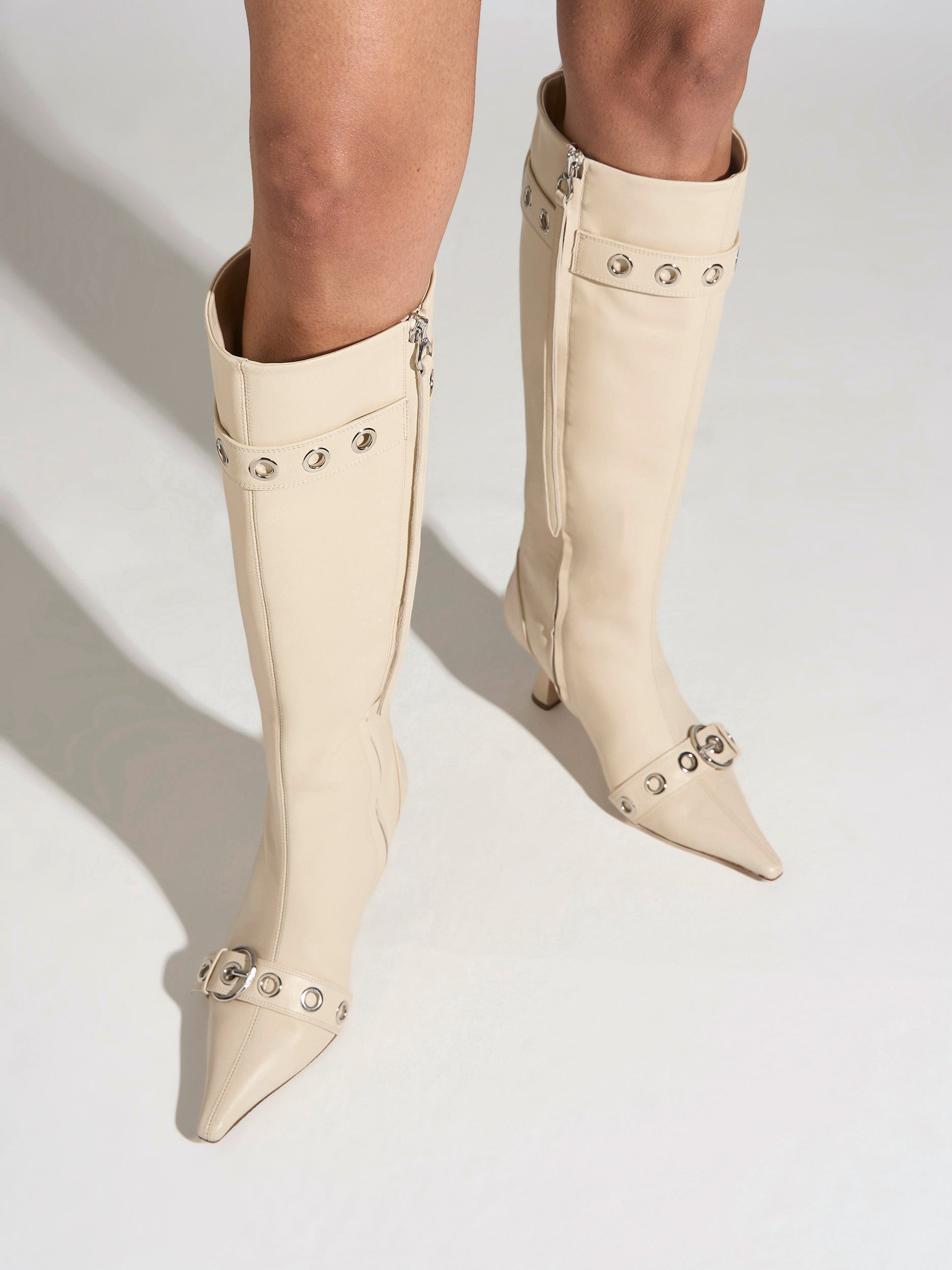 Aeyde | Vivian Leather Knee High Boots for Women | Creamy Nappa | Pointed Toe | High Heel | On Feet