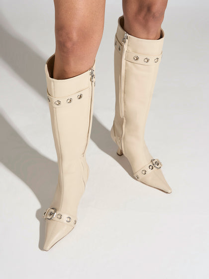 Aeyde | Vivian Leather Knee High Boots for Women | Creamy Nappa | Pointed Toe | High Heel | On Feet