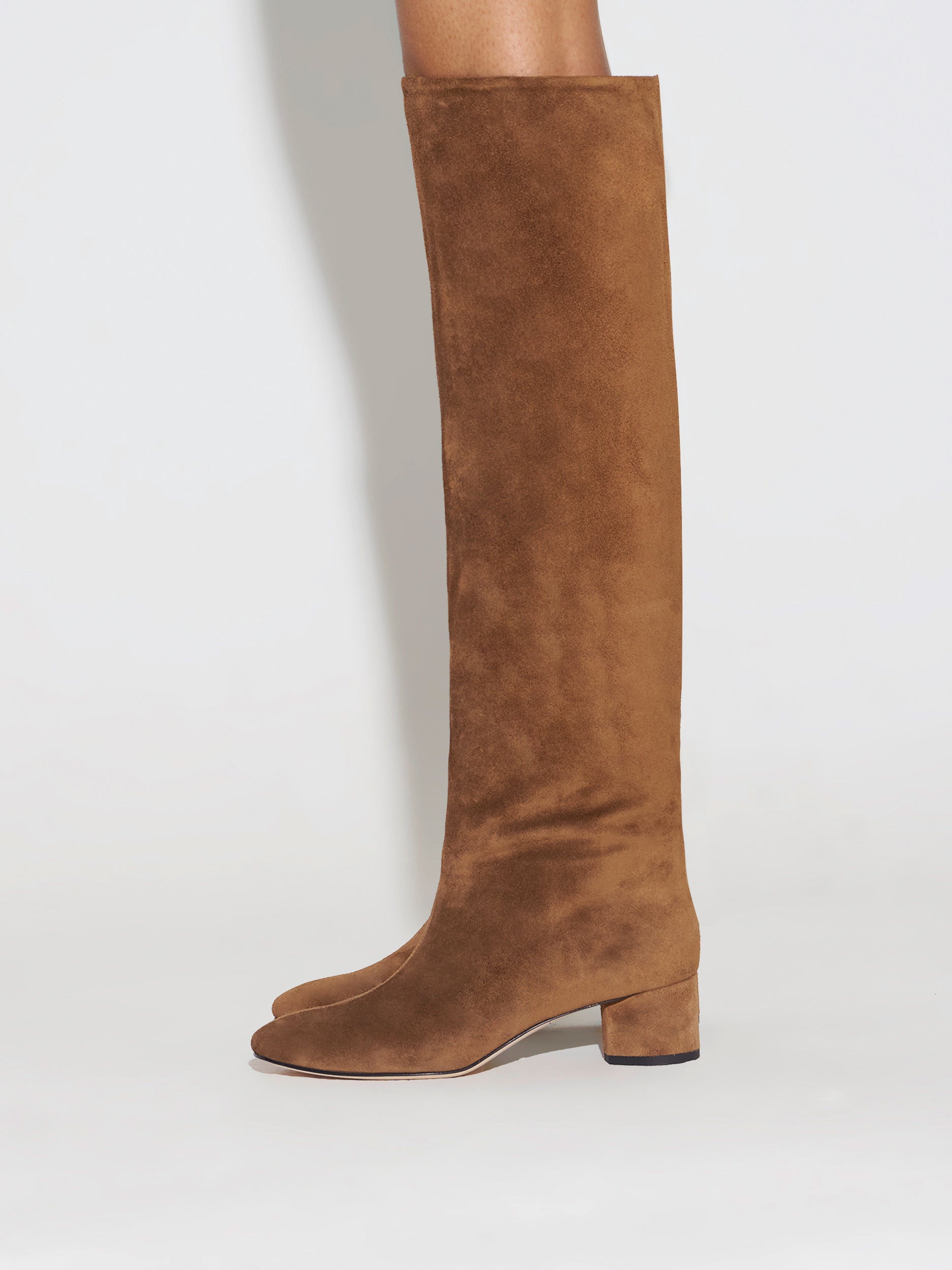 Aeyde | Willa Leather Knee High Boots for Women | Tobacco Suede | Round Toe | Low Heel | How to Style
