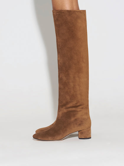 Aeyde | Willa Leather Knee High Boots for Women | Tobacco Suede | Round Toe | Low Heel | How to Style