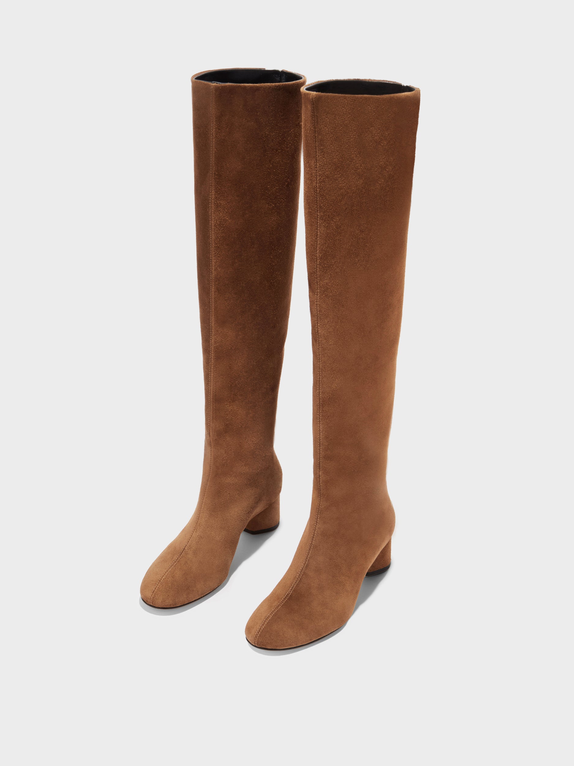 Aeyde | Willa Leather Knee High Boots for Women | Tobacco Suede | Round Toe | Low Heel | Luxury Materials | Handmade in Italy