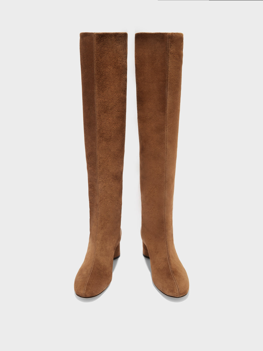 Aeyde | Willa Leather Knee High Boots for Women | Tobacco Suede | Round Toe | Low Heel | Front View