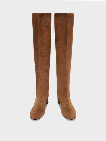 Aeyde | Willa Leather Knee High Boots for Women | Tobacco Suede | Round Toe | Low Heel | Front View