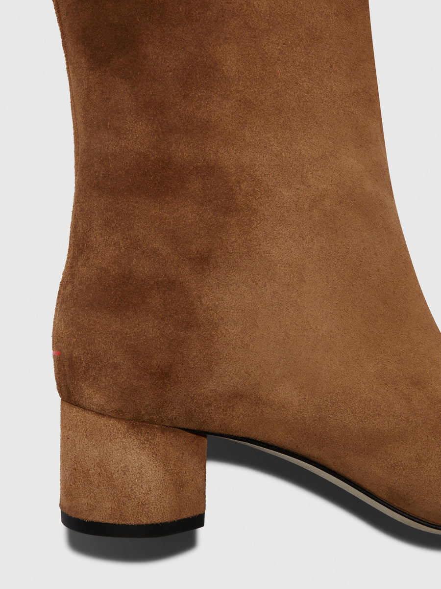 Aeyde | Willa Leather Knee High Boots for Women | Tobacco Suede | Round Toe | Low Heel | Heel Details
