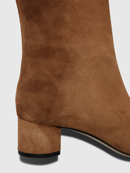 Aeyde | Willa Leather Knee High Boots for Women | Tobacco Suede | Round Toe | Low Heel | Heel Details