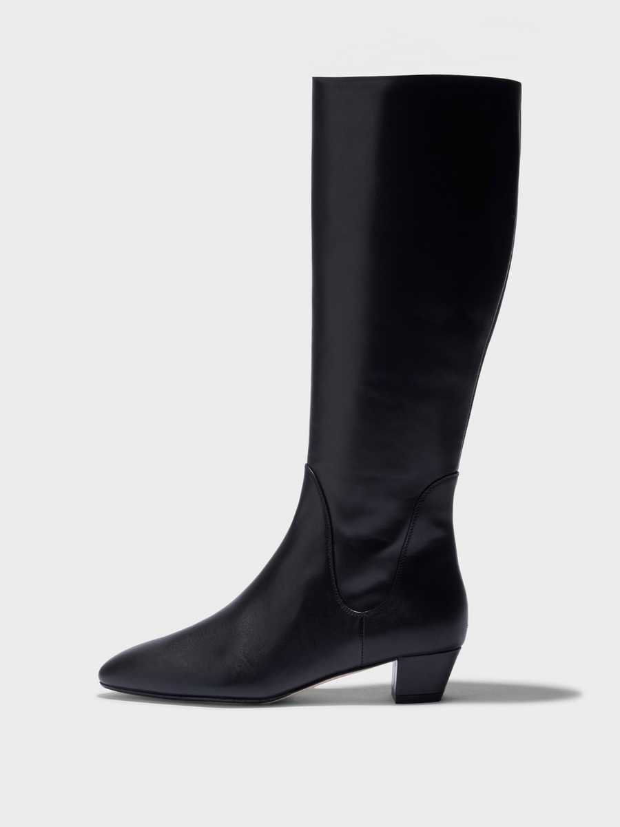 Aeyde | Yana Knee-High Boots Leather Knee High Boots for Women | Black Calf | Round Toe | Low Heel | Side View