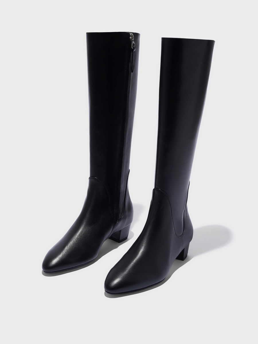 Aeyde | Yana Knee-High Boots Leather Knee High Boots for Women | Black Calf | Round Toe | Low Heel | Luxury Materials | Handmade in Italy