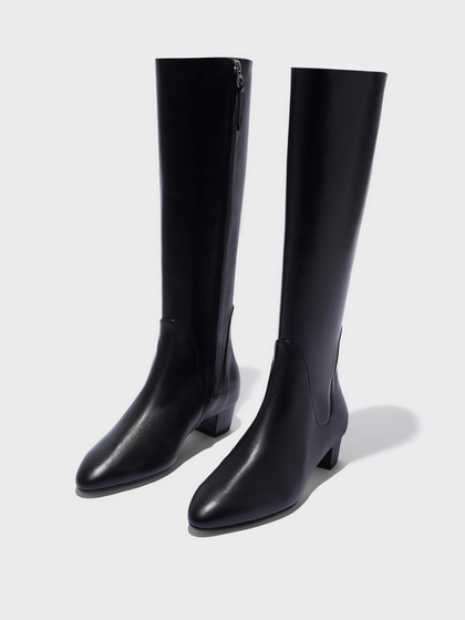 Aeyde | Yana Knee-High Boots Leather Knee High Boots for Women | Black Calf | Round Toe | Low Heel | Luxury Materials | Handmade in Italy