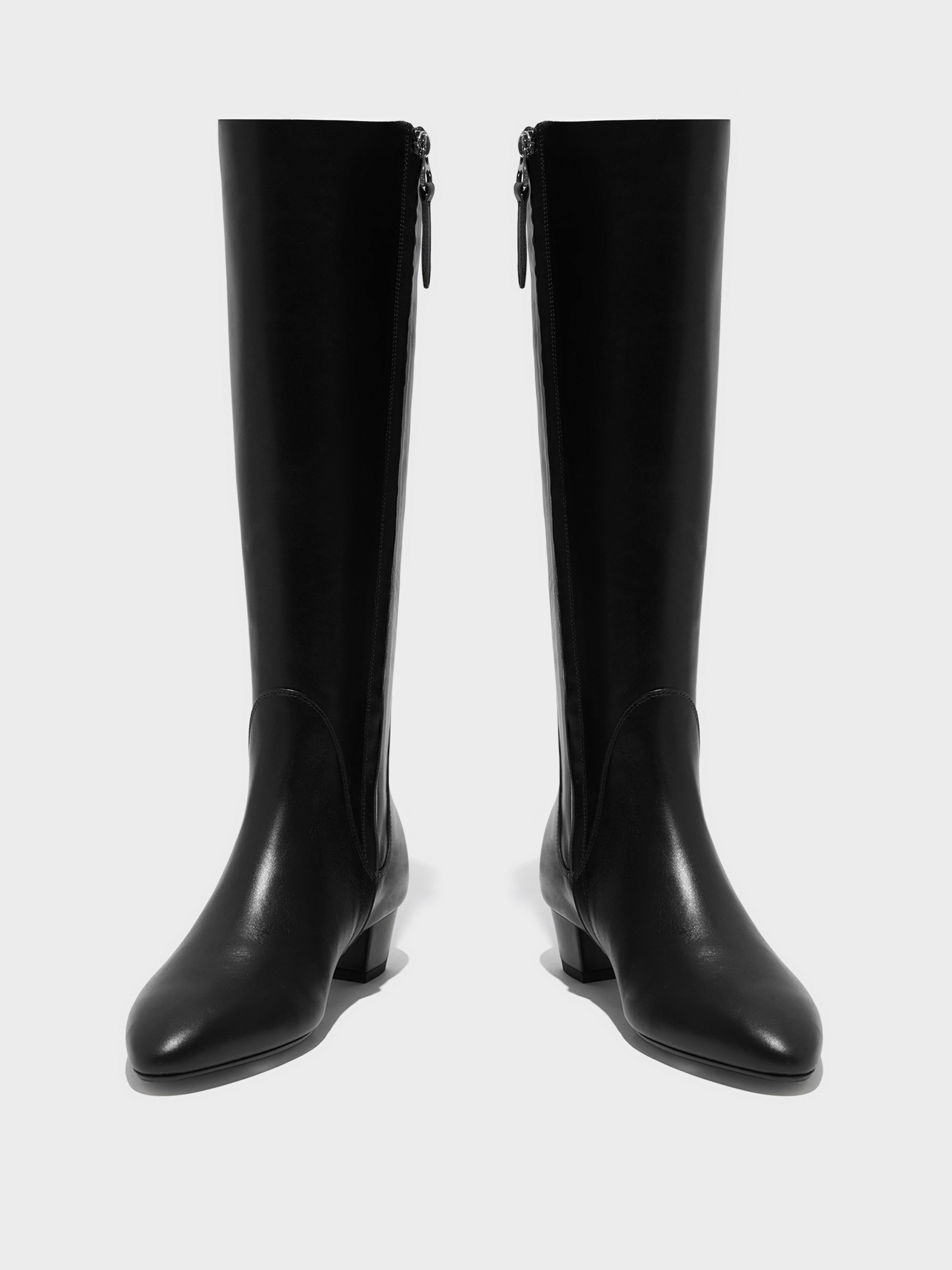 Aeyde | Yana Knee-High Boots Leather Knee High Boots for Women | Black Calf | Round Toe | Low Heel | Front View