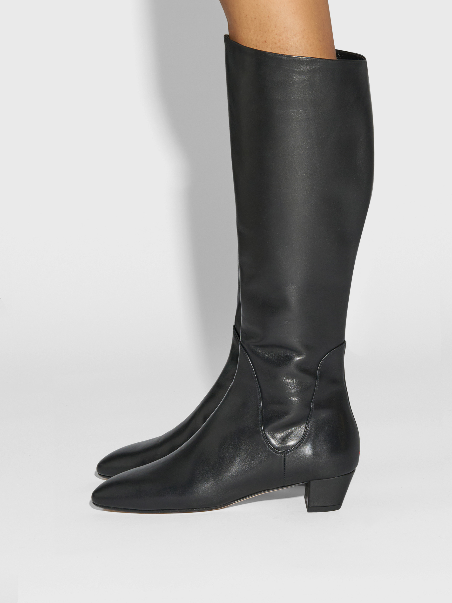 Aeyde | Yana Knee-High Boots Leather Knee High Boots for Women | Black Calf | Round Toe | Low Heel | How to Style