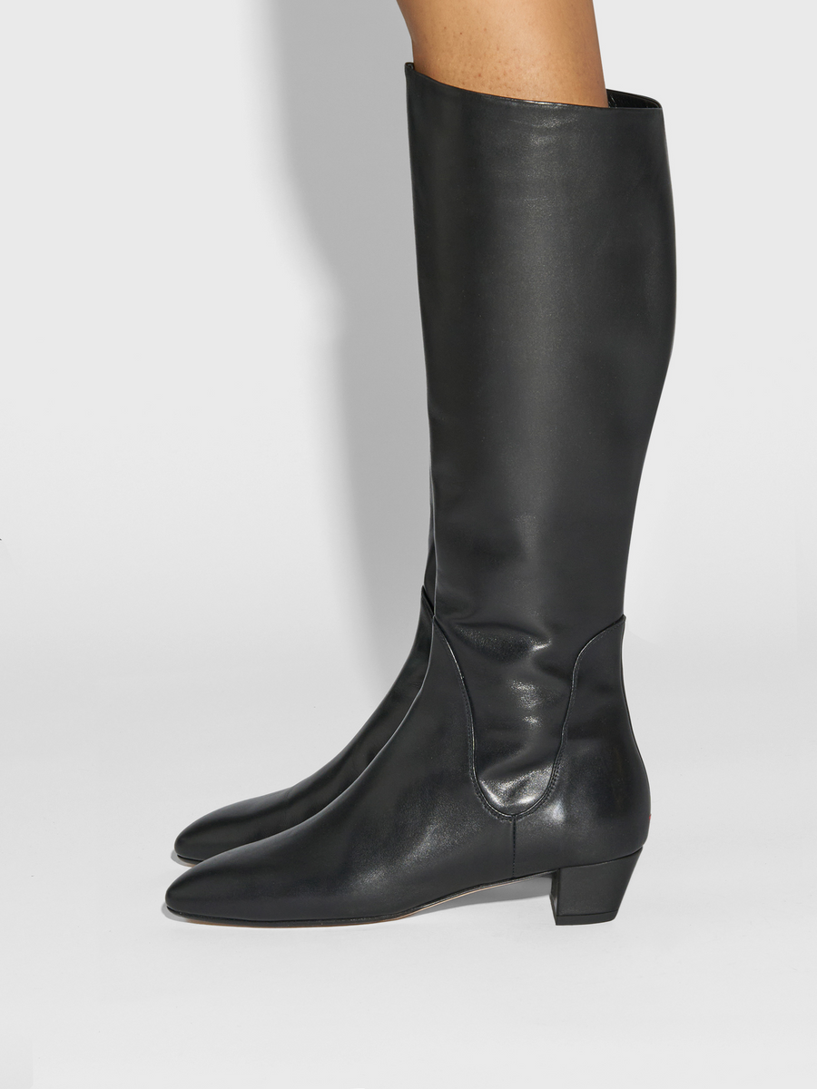 Aeyde | Yana Knee-High Boots Leather Knee High Boots for Women | Black Calf | Round Toe | Low Heel | How to Style
