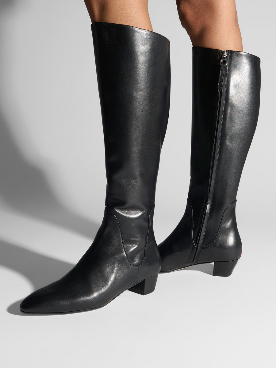 Aeyde | Yana Knee-High Boots Leather Knee High Boots for Women | Black Calf | Round Toe | Low Heel | On Feet