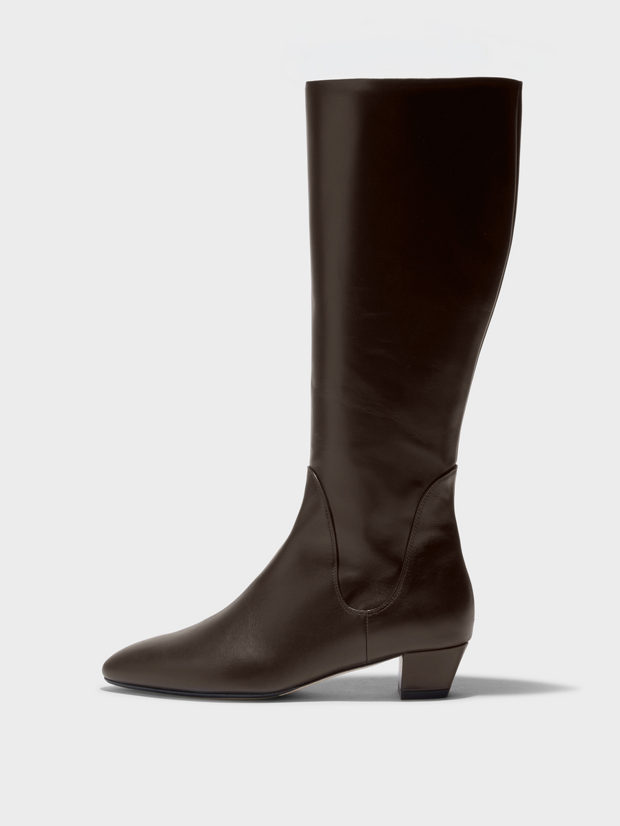 Aeyde | Yana Knee-High Boots Leather Knee High Boots for Women | Moka Calf | Round Toe | Low Heel | Side View