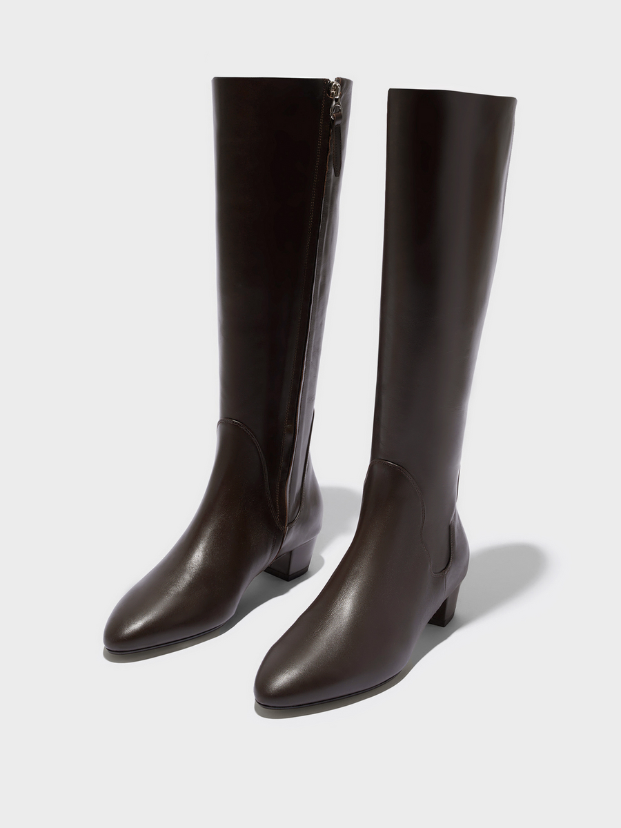 Aeyde | Yana Knee-High Boots Leather Knee High Boots for Women | Moka Calf | Round Toe | Low Heel | Luxury Materials | Handmade in Italy