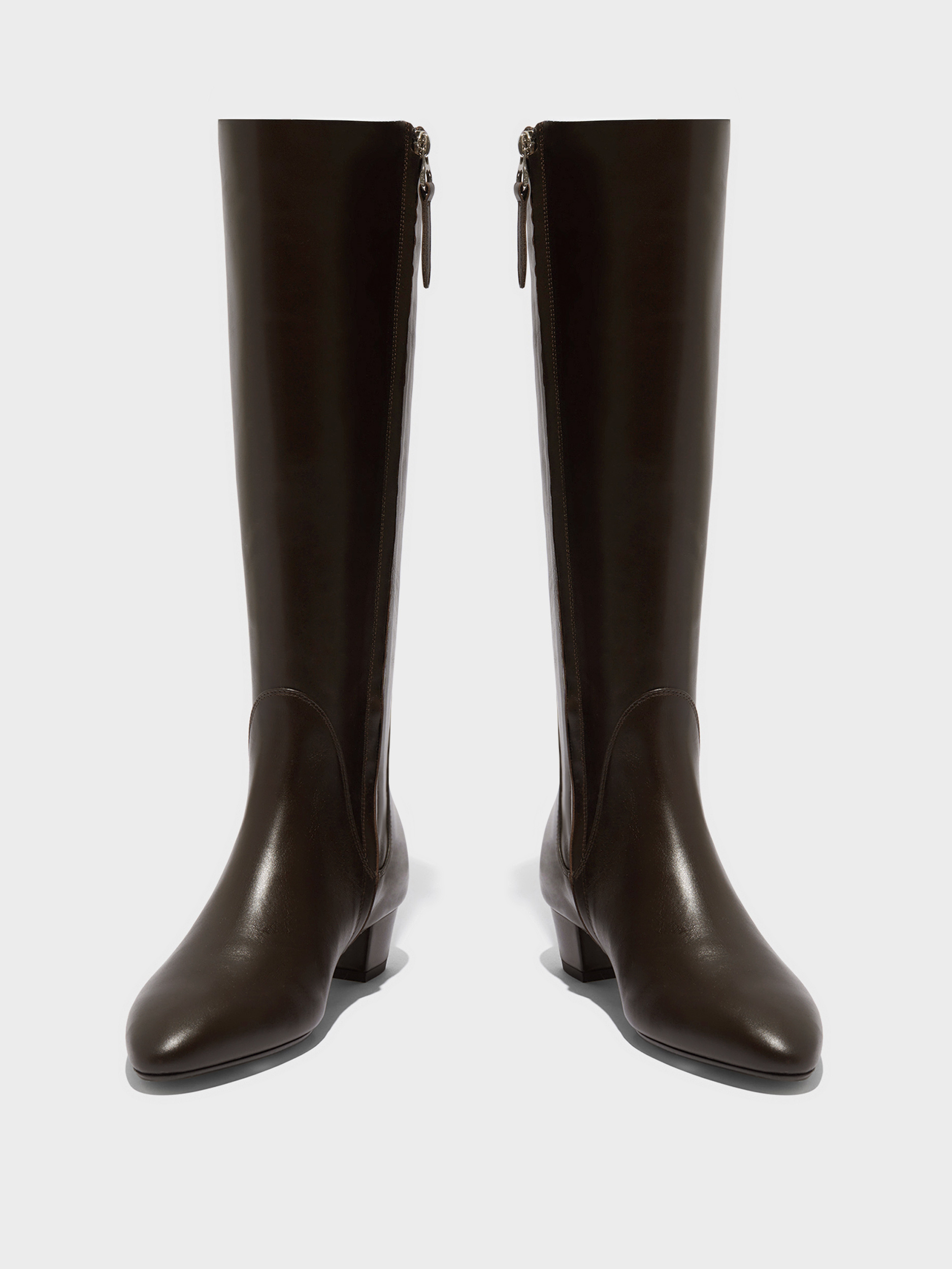 Aeyde | Yana Knee-High Boots Leather Knee High Boots for Women | Moka Calf | Round Toe | Low Heel | Front View